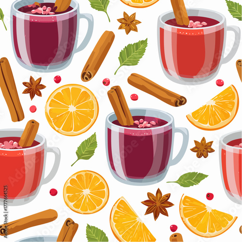 Seamless Pattern with Mulled Wine, Cinnamon, and Orange Slices