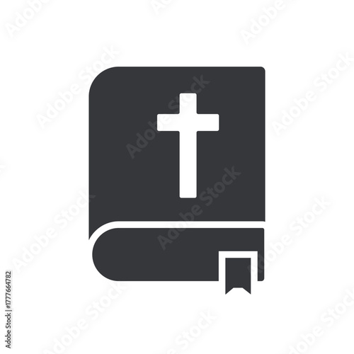 Isolated glyph pictogram of a holy bible with a cross symbol, representing faith, religion, Christianity, and worship concept.