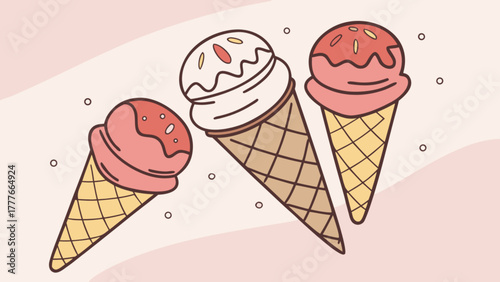 Delicious ice cream cones background, featuring sweet treats with various flavors, perfect for summer desserts and creating a delightful, refreshing atmosphere