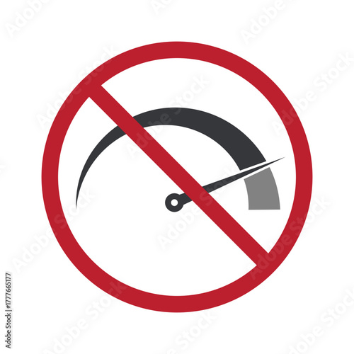 Isolated prohibition sign showing a speedometer with needle on high speed, symbol of no overspeeding and vehicle safety warning.