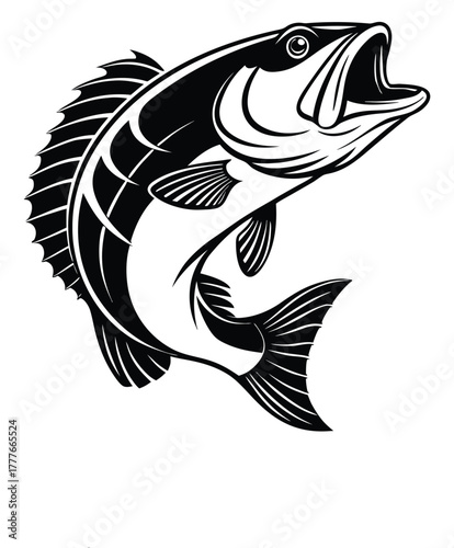 Black and white illustration of a largemouth bass fish leaping with its mouth open