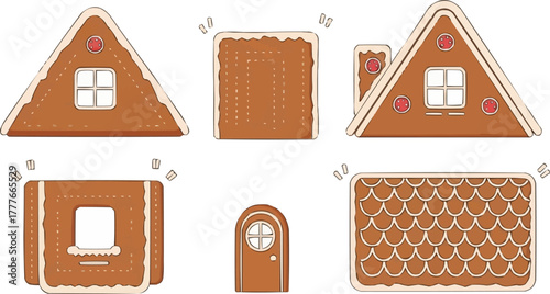 Gingerbread house construction set flat lay, unassembled cookie panels and roof parts with icing decoration for Christmas craft
