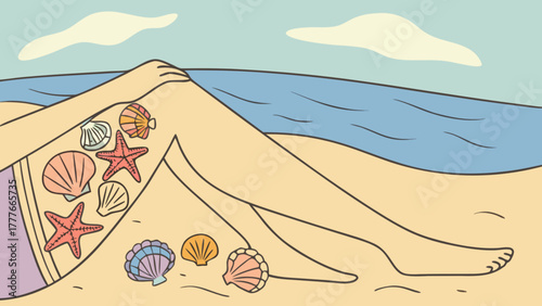 Aesthetic summer illustration of womans legs lying on the beach with seashells and starfish near the sea, perfect for vacation and relaxation vibes