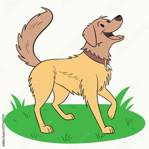 Happy golden retriever dog with tail wagging standing on green grass outdoors