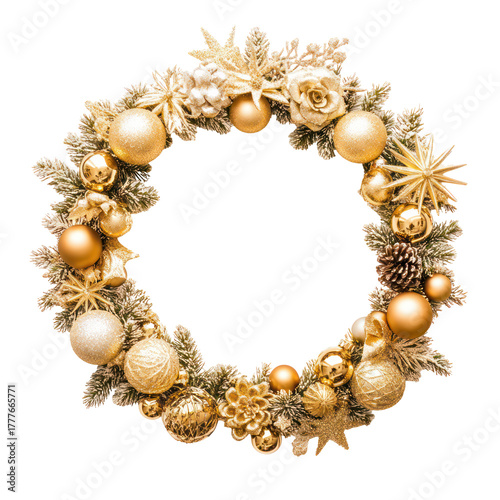 Elegant golden christmas wreath with ornaments isolated on transparent background
