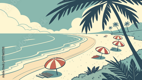 Beautiful tropical beach illustration with palm tree, umbrellas, and sea view, perfect for summer vacation and travelthemed designs and backgrounds