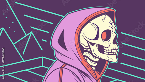 A stylized skeleton in a hoodie against a geometric background, blending streetwear fashion with a touch of macabre and modern art