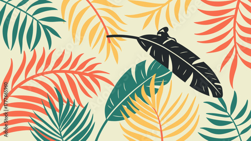 Colorful tropical leaves pattern background with vibrant green, orange, and yellow hues, creating a lively and exotic atmosphere for designs