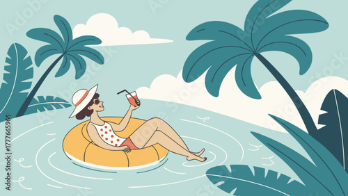 Woman relaxing on inflatable ring in tropical paradise, enjoying summer vacation with cocktail, vector illustration