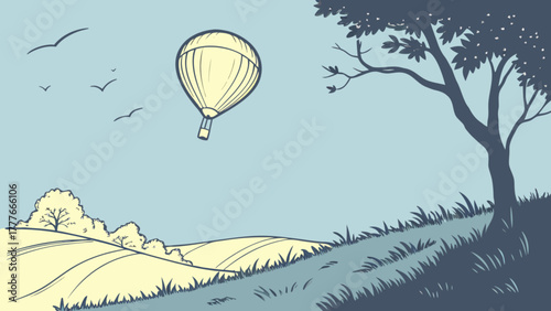 A serene landscape illustration featuring a hot air balloon gracefully floating above rolling hills, with birds soaring in the sky and a tree on a slope