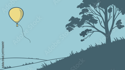 A tranquil illustration of a hot air balloon drifting across a serene sky, complemented by a silhouette of a tree on a gentle slope, with rolling hills