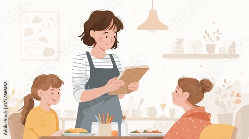 Mother and her two daughters in a kitchen. the mother is standing in front of the table, holding a clipboard and reading a menu. she is wearing a striped apron and has shoulder-length brown hair.