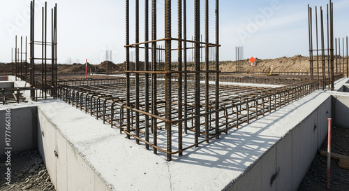 Architectural detail of a newly poured concrete foundation for a house, with visible steel rebar extending upwards. The site is clean and orderly, representing the beginning of construction. Foundatio
