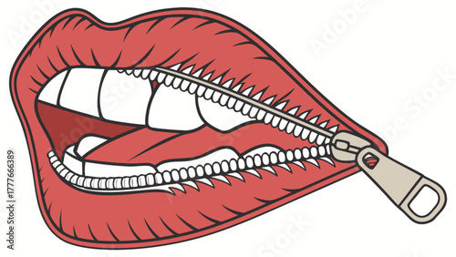 A pair of red lips with a zipper closing the mouth a conceptual illustration about silence and keeping secrets