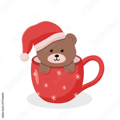 Cute teddy bear in a Santa hat peeks out of a mug. Vector illustration of the New Year's character bear clip art. Isolate on a white background.