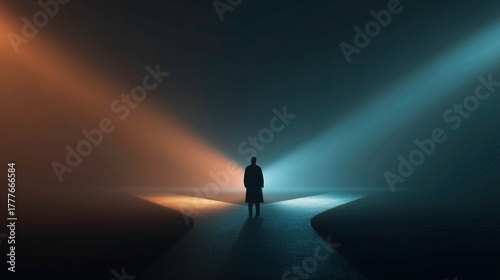 Cinematic figure standing at glowing crossroads under dual colored light