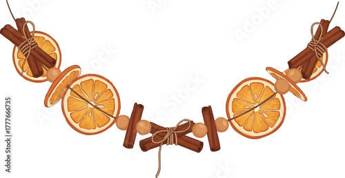 Natural Christmas garland vector. Hand-drawn illustration of dried orange slices, cinnamon sticks, and beads. Rustic holiday decoration.
