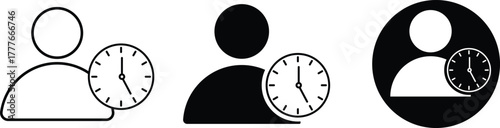 User time icon. Person and clock symbol. Personal schedule management. Working hours and shift symbols
