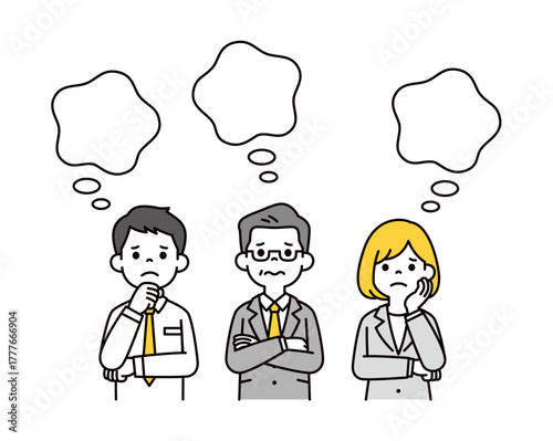 腕を組んでモヤモヤと考える、高齢の社長と男女の若い社員の上半身ベクターイラスト素材セット