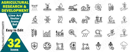 Line Icons Set of Agricultural Innovation: Modern Farming, Precision Planting, Agritech and Automation Technologies for the Smart Farm and Sustainable Food Production illustration.