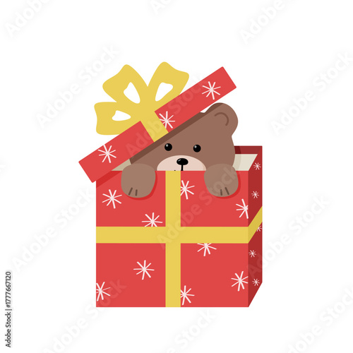 Funny little bear peeks out of a gift box. Vector illustration of the New Year's character bear clip art. Isolate on a white background.