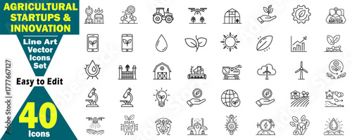 Line Icons Set of Agricultural Startups and Innovations. These vector pictograms are in a Modern Agritech, Automation for Precision Farming, and Sustainable Agriculture,  Efficient Food Production.