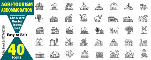 Agritourism Accommodation Line Icons Vector Set. Farm Stay House Vacation, Rural Tourism, Holiday, Lodging, Countryside, Cabin Nature, Agritourism elements. 