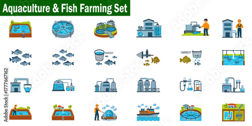 Aquaculture Fish Farming Set Flat Illustration. Pisciculture Vector Icons Collection Pond, Harvesting, Processing Equipment, Fishery Buildings, Harvesting Seafood elements. 