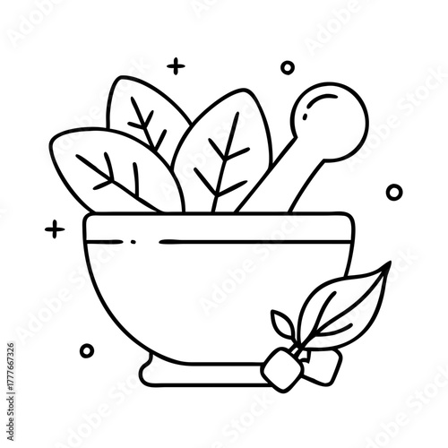 Mortar and pestle with leaves, representing herbal medicine and natural remedies