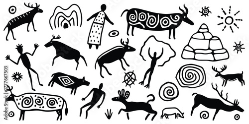 Set petroglyphs, rock paintings, isolated on white background, naive art, vector design