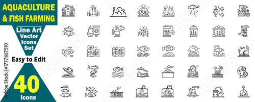 Aquaculture Fish Farming Line Art Vector Icons Set. Pisciculture Farming Production Fishery, Business System Equipment, Harvest Seafood Vector Illustration.