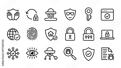 security and protection concept editable stroke outline icons set isolated on white background flat vector.privacy, security, shield, 