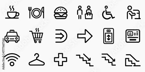 Toilet, food court, elevator, exit door and public navigation concept editable stroke outline icons set.court, disabled, hospital, sex, signs, arrow, down, emergency, exit, ladder, lift, navigation, 