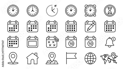Time, date and location editable stroke outline icons set isolated on white background flat vector.hours, address, buttons, contact, information, map, mark, signs, countdown, graphic, office, pin,