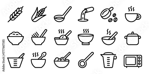 Breakfast, oatmeal and cereals editable stroke outline icons set isolated on white background flat vector.graphic, editable, instruction, signs, instant, microwave, corn, illustration,