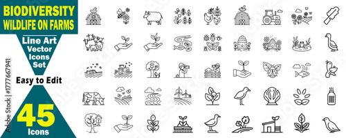 Biodiversity Wildlife on Farms Icon Set: Farm Animals, Insects, Plants, and Agriculture Line Art Vectors for Sustainable Rural Environments elements. 