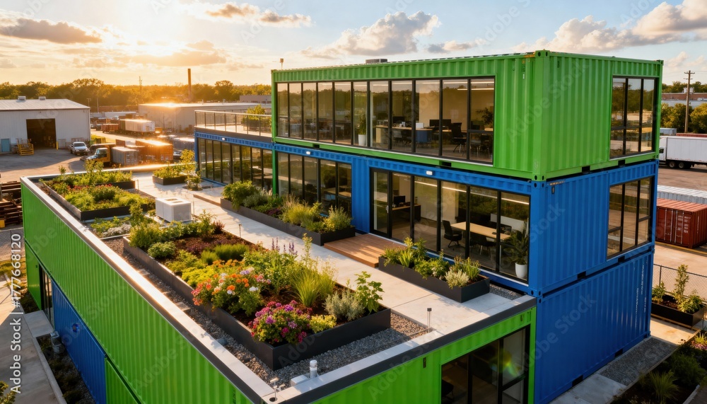 Fototapeta premium Sustainable Architecture Marvel: An innovative building crafted from repurposed shipping containers, adorned with a vibrant rooftop garden, blending industrial design with nature.
