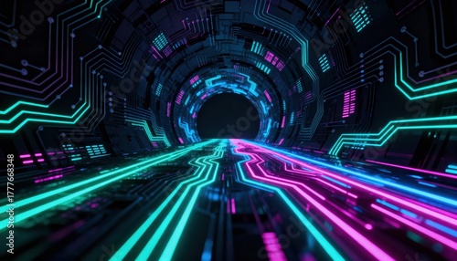 Cyber Tunnel: Immerse yourself in the futuristic design of a cyber tunnel, with vibrant neon lights illuminating intricate circuit board pathways, leading toward an unknown destination.