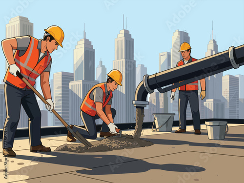 Hardworking Construction Crew Pouring Concrete on a High-Rise Rooftop Amidst Modern City Skyline for Future Urban Development
