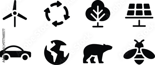 Eco-Friendly and Environmental Icon Set - Solid Glyph Vectors for Sustainability and Conservation
