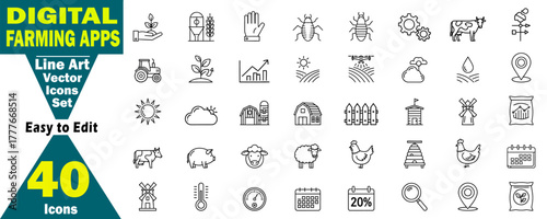 Farm Innovation Icons Set, Vector Line Art Digital Farming Agriculture Automation, Weather Tracking, Smart Livestock, Editable illustration. 