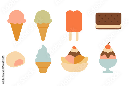 Ice cream treats featuring different flavors and styles on a simple background