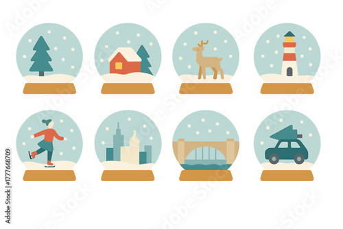 Snow globes featuring winter scenes of trees, houses, deer, lighthouses, and activities like ice skating in a festive setting