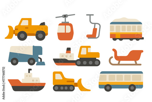 Colorful cartoon vehicles in various forms including trucks, boats, and cable cars against a simple background