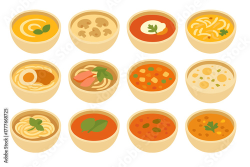 Delicious variety of bowls filled with different types of soup displayed on a light background