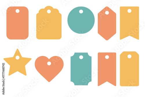 Colorful tags in various shapes ready for labeling or crafting activities on a simple background