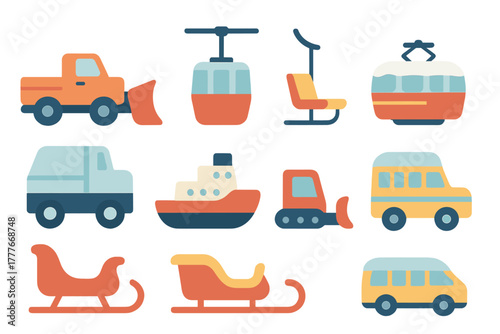 Colorful illustrations of various vehicles and transportation methods for different environments and seasons