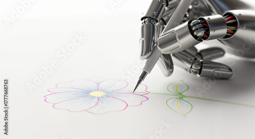 Robot Hand Drawing a Flower with Precision Pen, futuristic composition, technology&art, generative ai