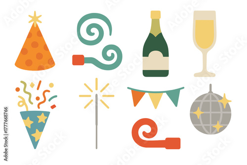 Colorful party symbols display festive elements like hats, streamers, and drinks celebrating special occasions and gatherings