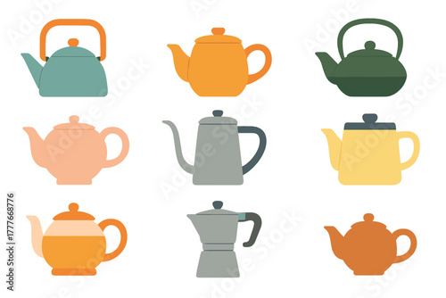Colorful variety of teapots arranged in a grid showcasing different styles and designs